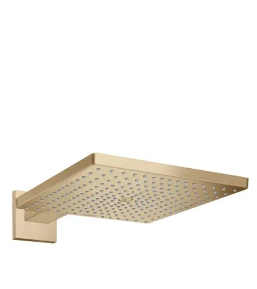 Kopfbrause in gebürstetem Bronze-Finish mit einer quadratischen Kopfplatte und zahlreichen Wasseröffnungen. Anbringung an einer Wand mit einem kurzen Brausearm von Hansgrohe.